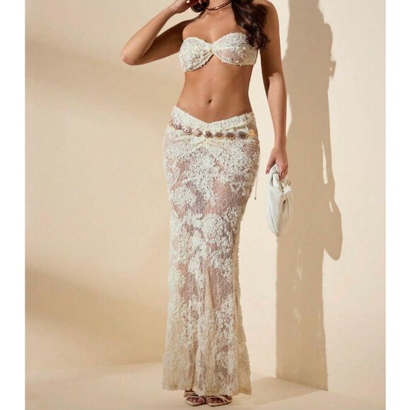 Sheer Embroidered Lace Twist Top, Midi Skirt Vacation set XS - Picture 1 of 3